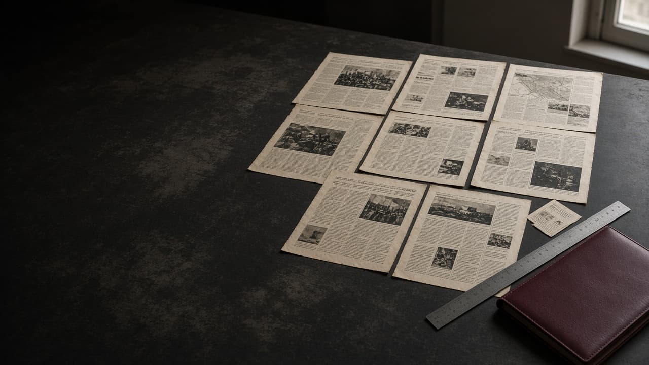 Printed broadsheets and clippings laid out on a work table in a monthly grid, photographed in maroon and cream editorial light.